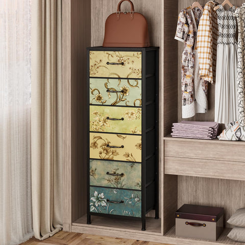 Furnulem Tall 6-Drawer Dresser fabric drawers open for easy access and organization.