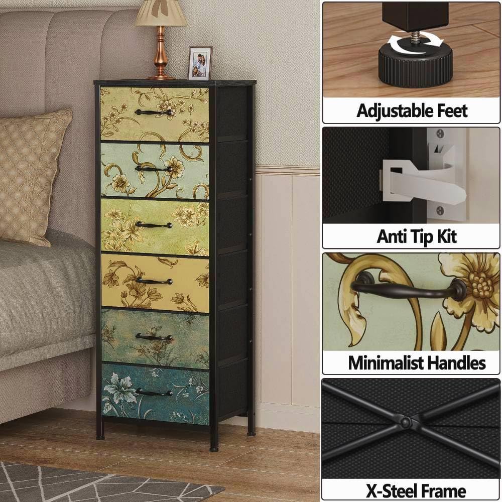 Furnulem Tall 6-Drawer Dresser in living room beside lamp and decor.