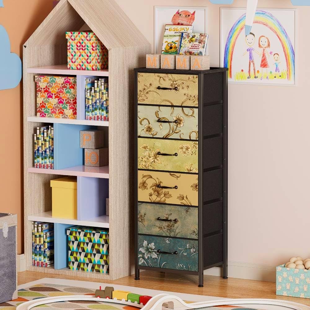 Furnulem Tall 6-Drawer Dresser side view showing fabric drawers for flexible clothing storage.