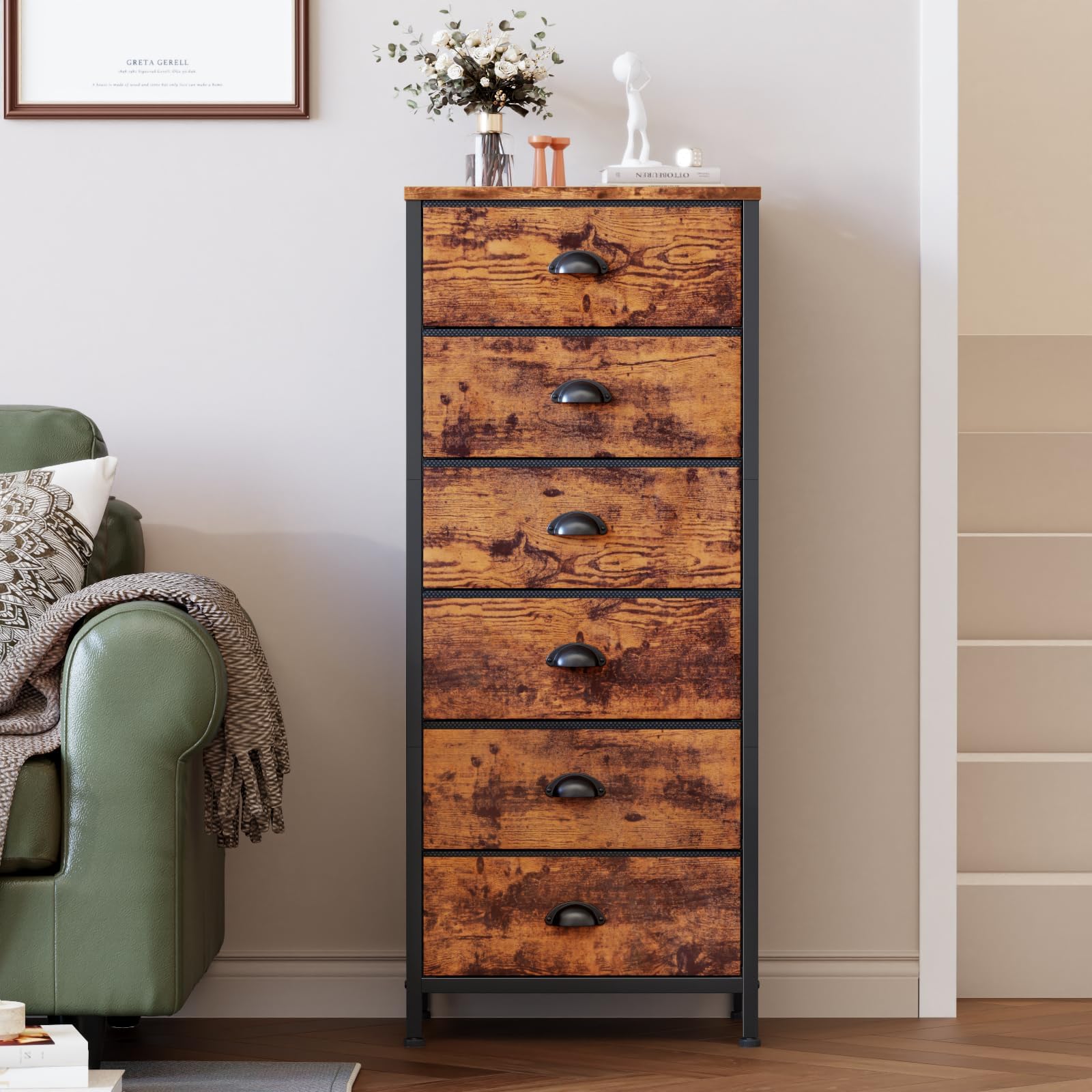 Furnulem tall dresser side view shows slim footprint ideal for compact spaces.