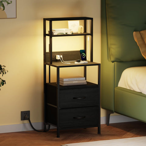 Furnulem tall night stand with 4 shelves and fabric drawers for organized bedroom storage.
