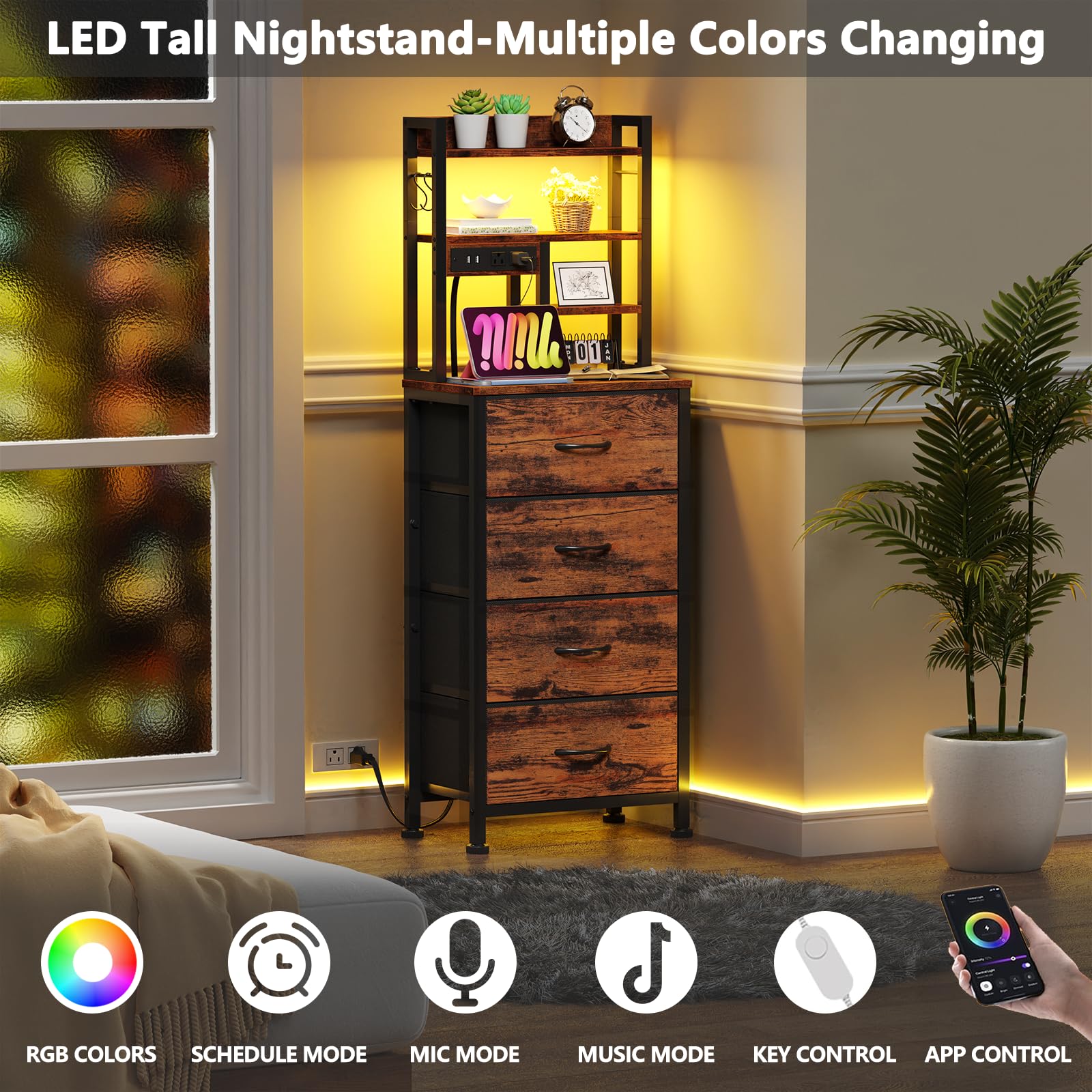 Furnulem tall night stand with four-tier open shelves stores books, lamps, and photos.