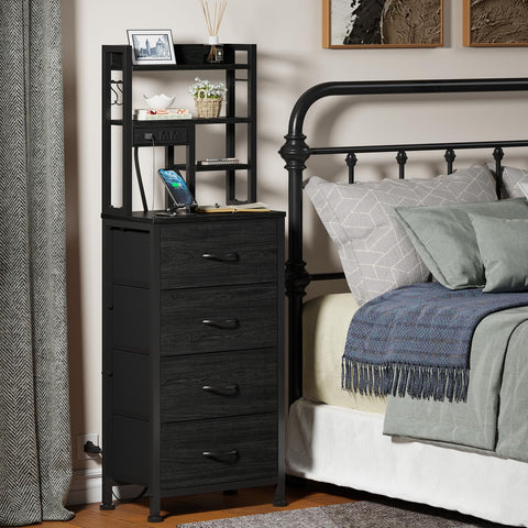 Furnulem tall nightstand bedside setup in a cozy bedroom scene