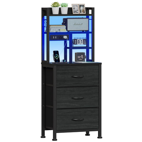 Furnulem tall nightstand front view with LED lights highlighting organized storage