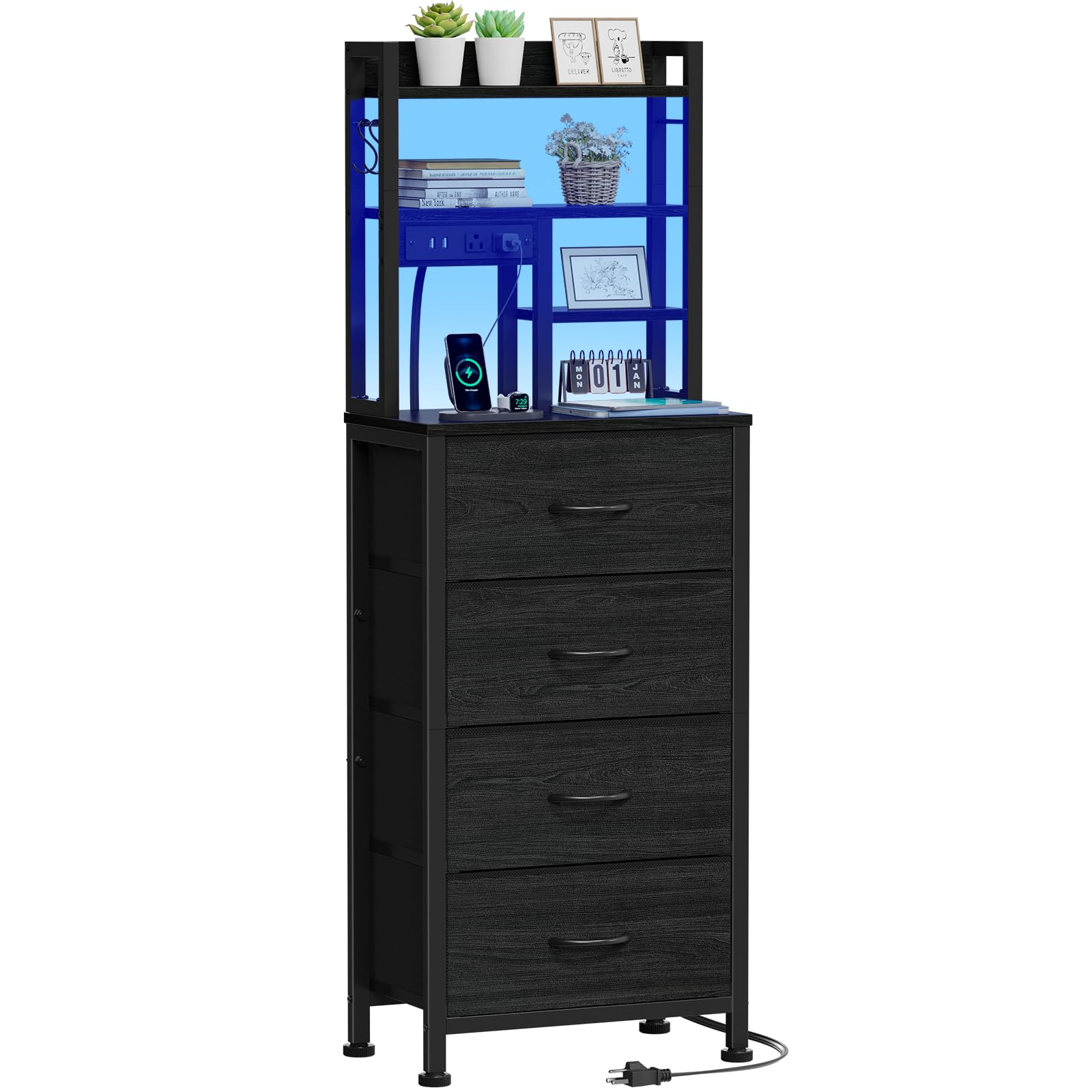 Furnulem tall nightstand front view in black oak for a modern bedroom