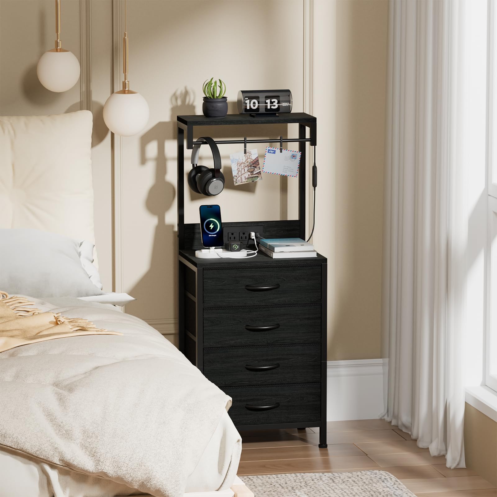 Furnulem black oak finish complements modern bedroom decor.