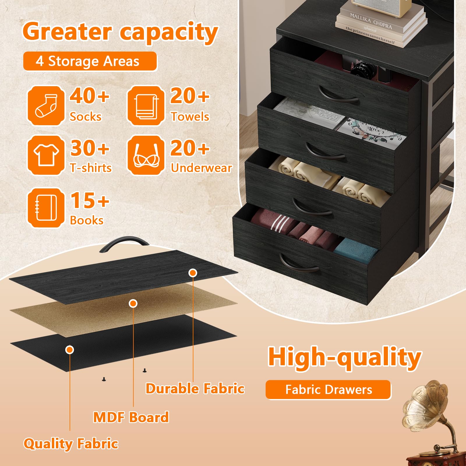 Furnulem nightstand's four adjustable feet keep it level on uneven floors.
