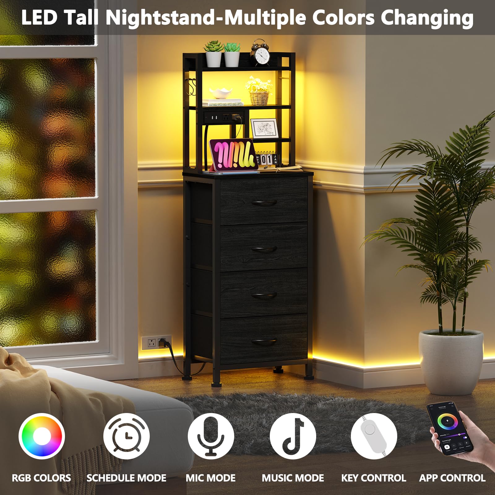 Furnulem tall nightstand four open shelves for display and extra storage