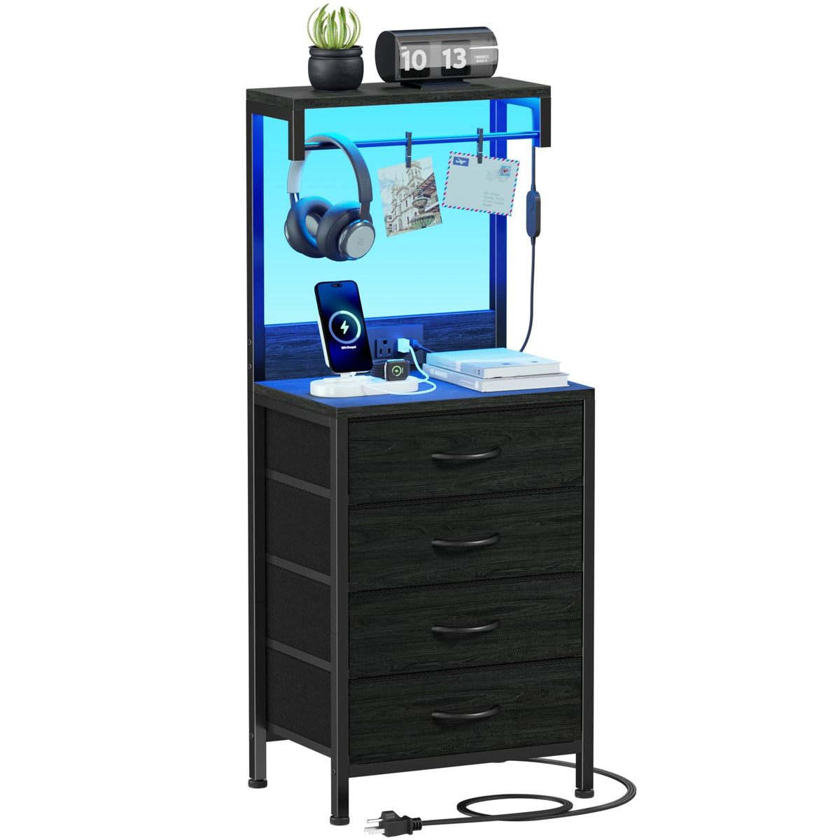 Furnulem tall nightstand with storage shelves beside the bed for organized essentials.