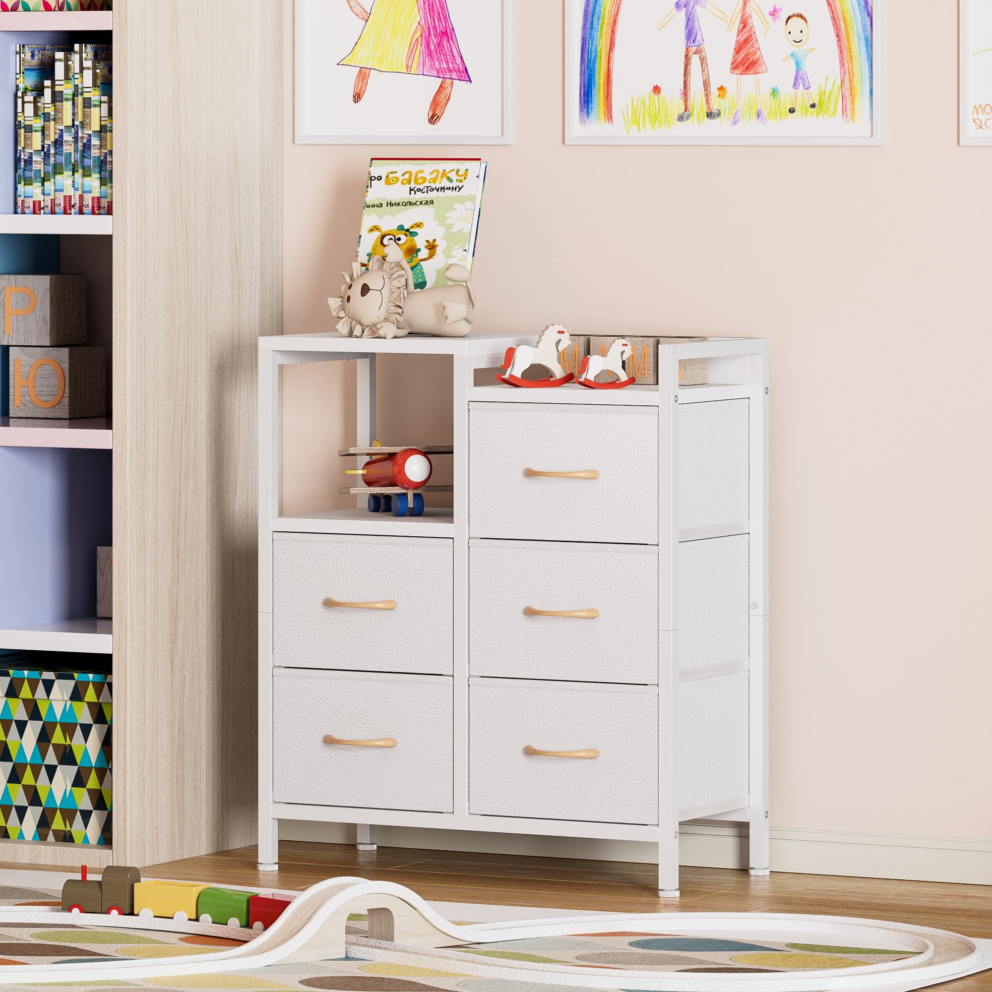 Two-tier shelf design on Furnulem dresser for display and organization