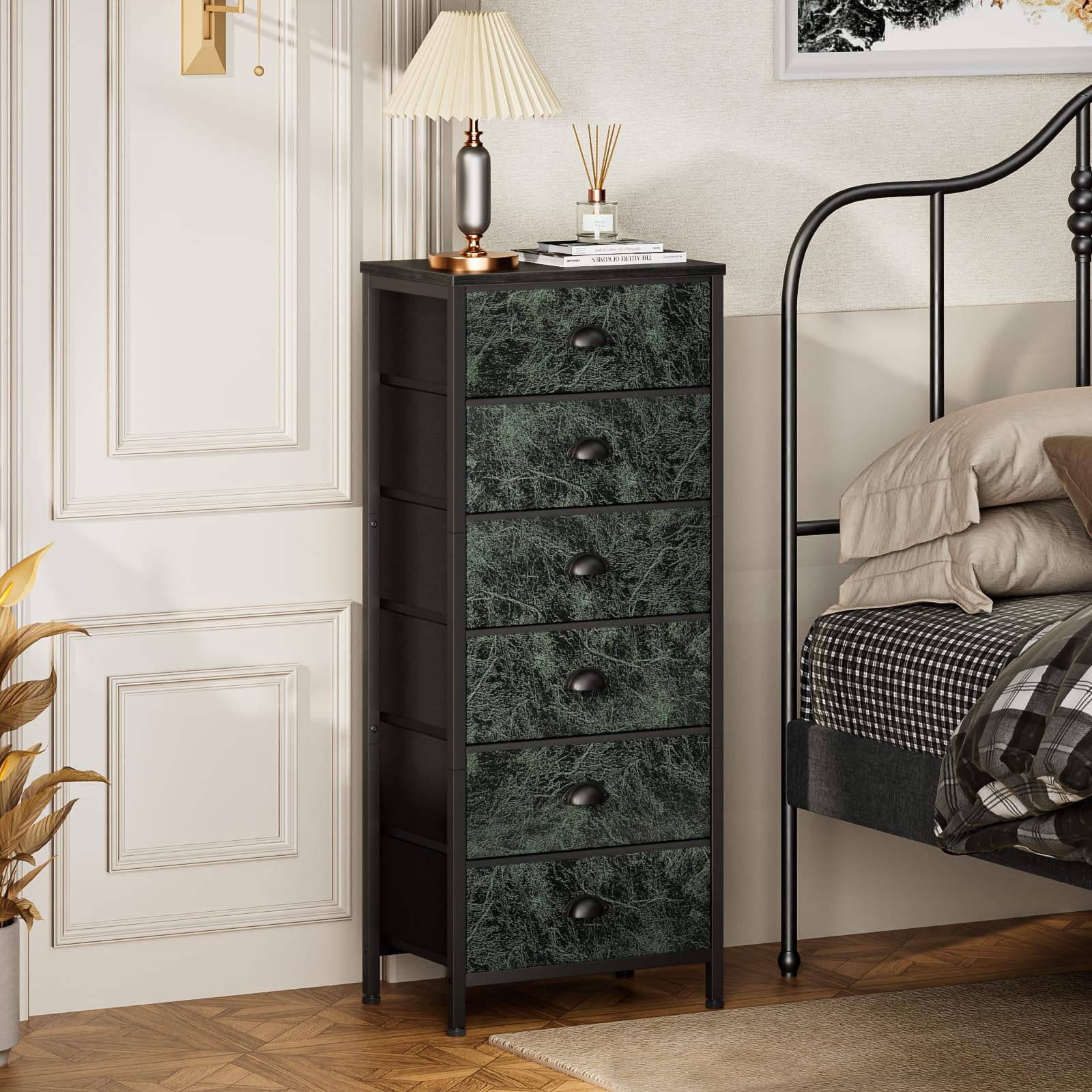 Furnulem vertical dresser bedroom setup pairs with nightstand for cohesive storage.