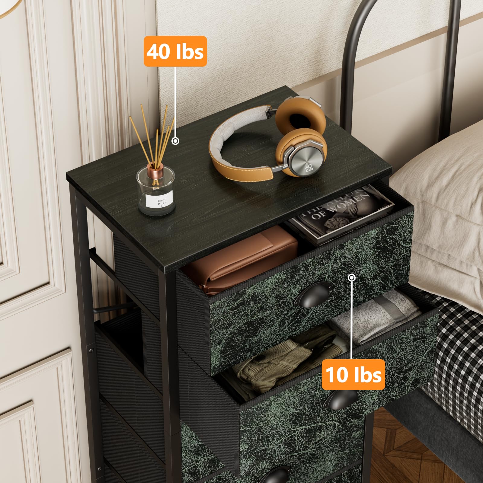 Furnulem vertical dresser drawer close-up fabric highlights breathable, durable storage material.