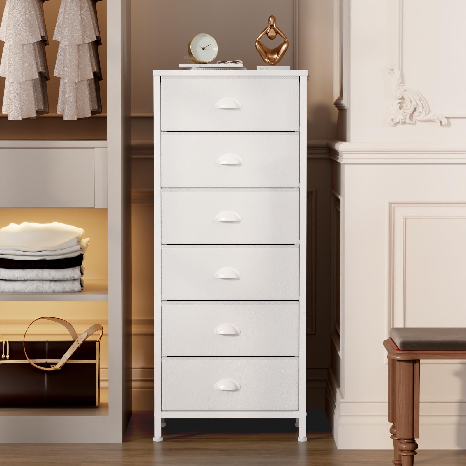 Furnulem vertical storage dresser with six drawers saving space in bedroom and closet.