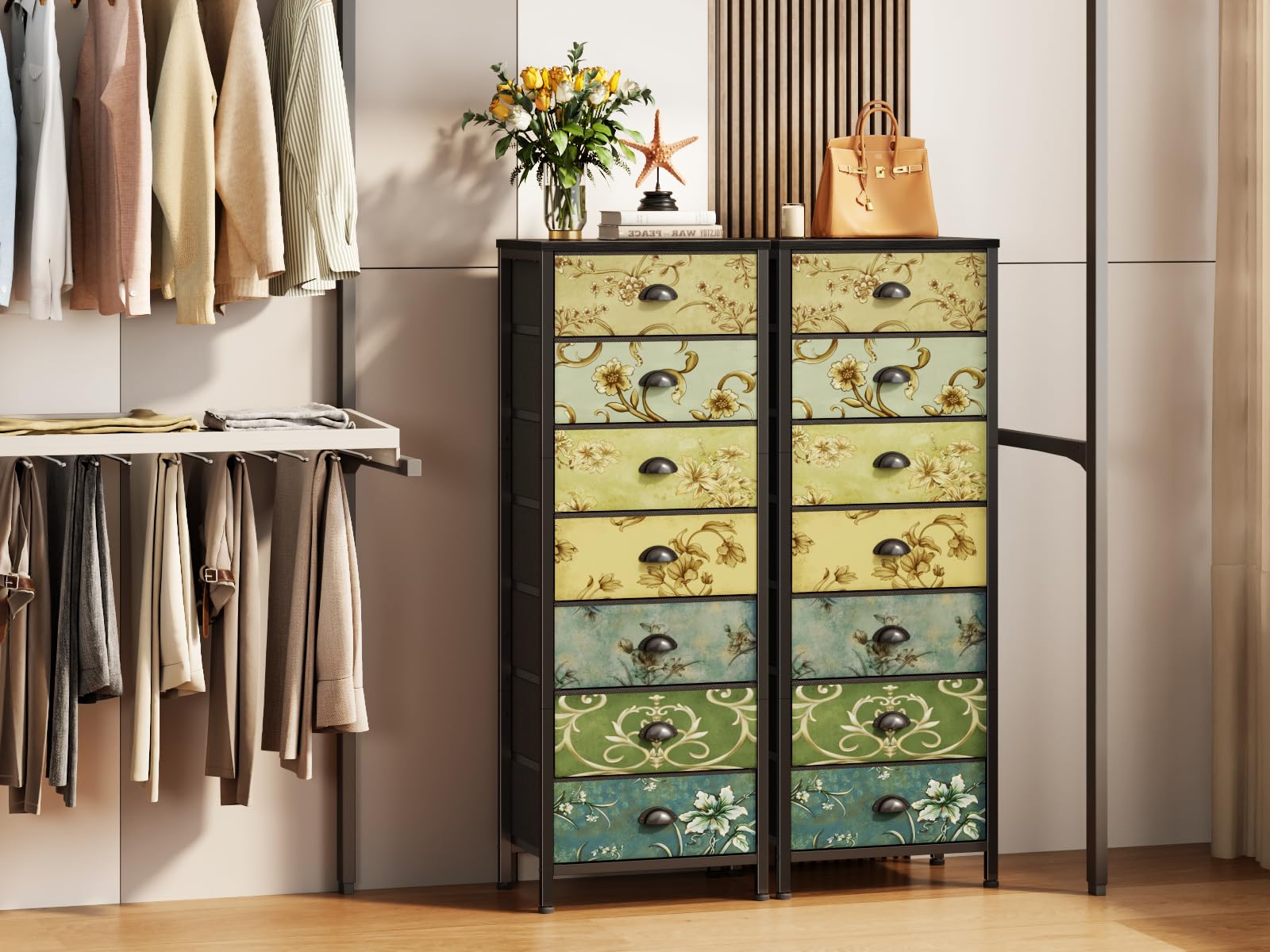 Furnulem vertical storage dresser with wood top provides a sturdy surface for lamps.