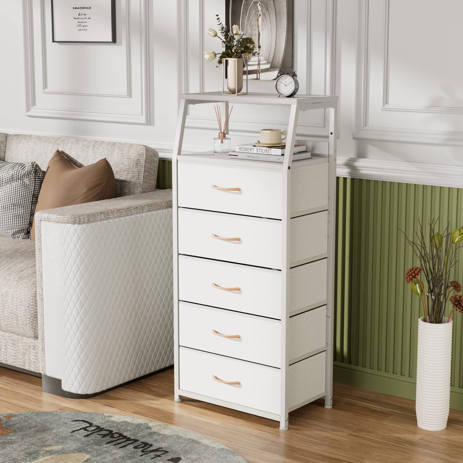 Furnulem white dresser includes anti-toppling device for added safety.