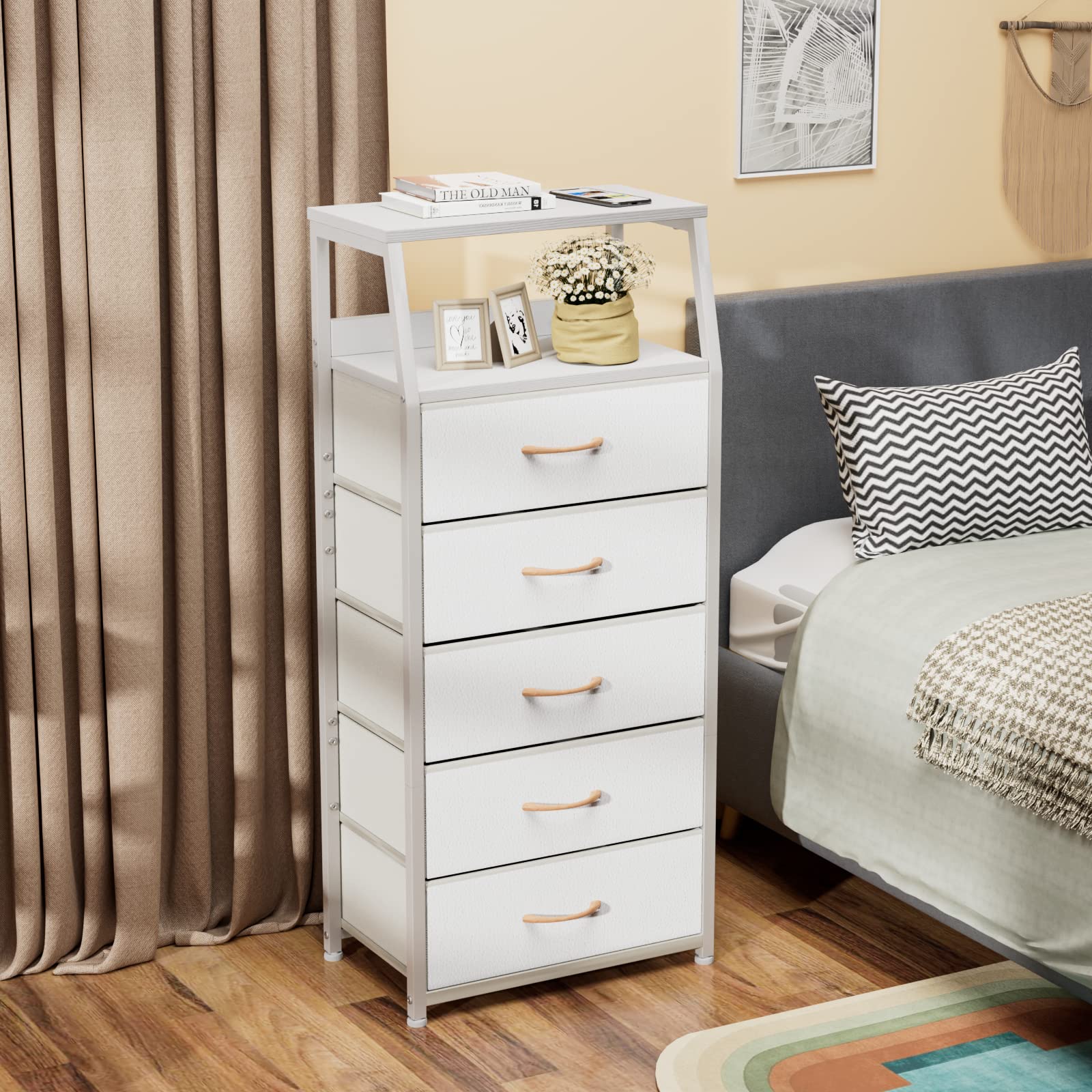 Furnulem white dresser dual-display shelf highlights decor while keeping essentials accessible.
