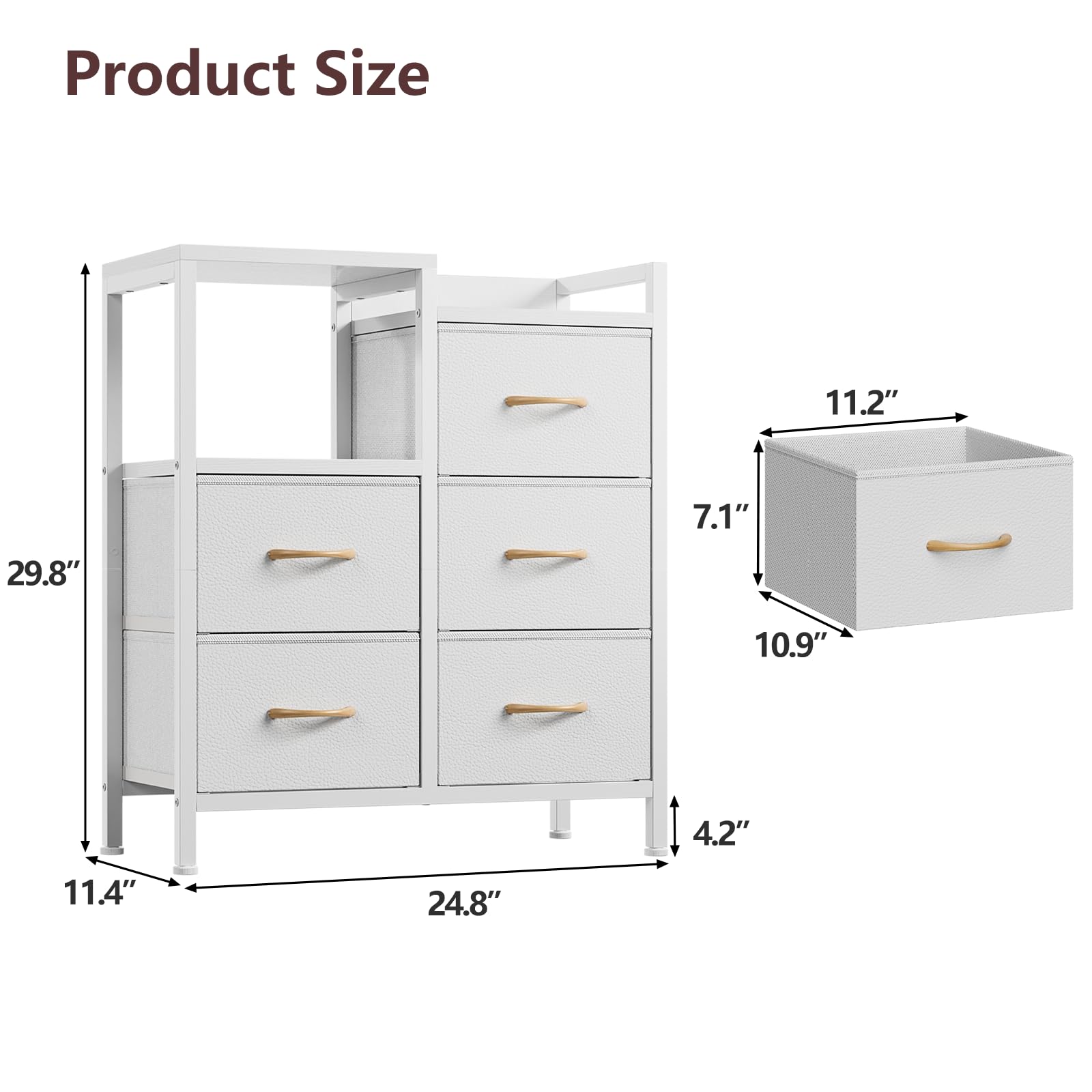 Side view of Furnulem white dresser with sturdy metal frame