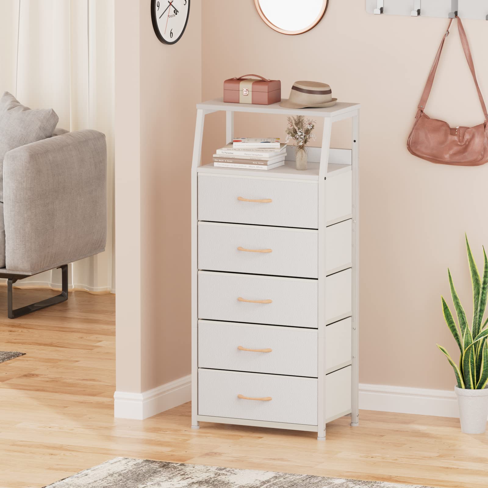 Furnulem white dresser used in bedroom, hallway, and nursery for versatile organization.