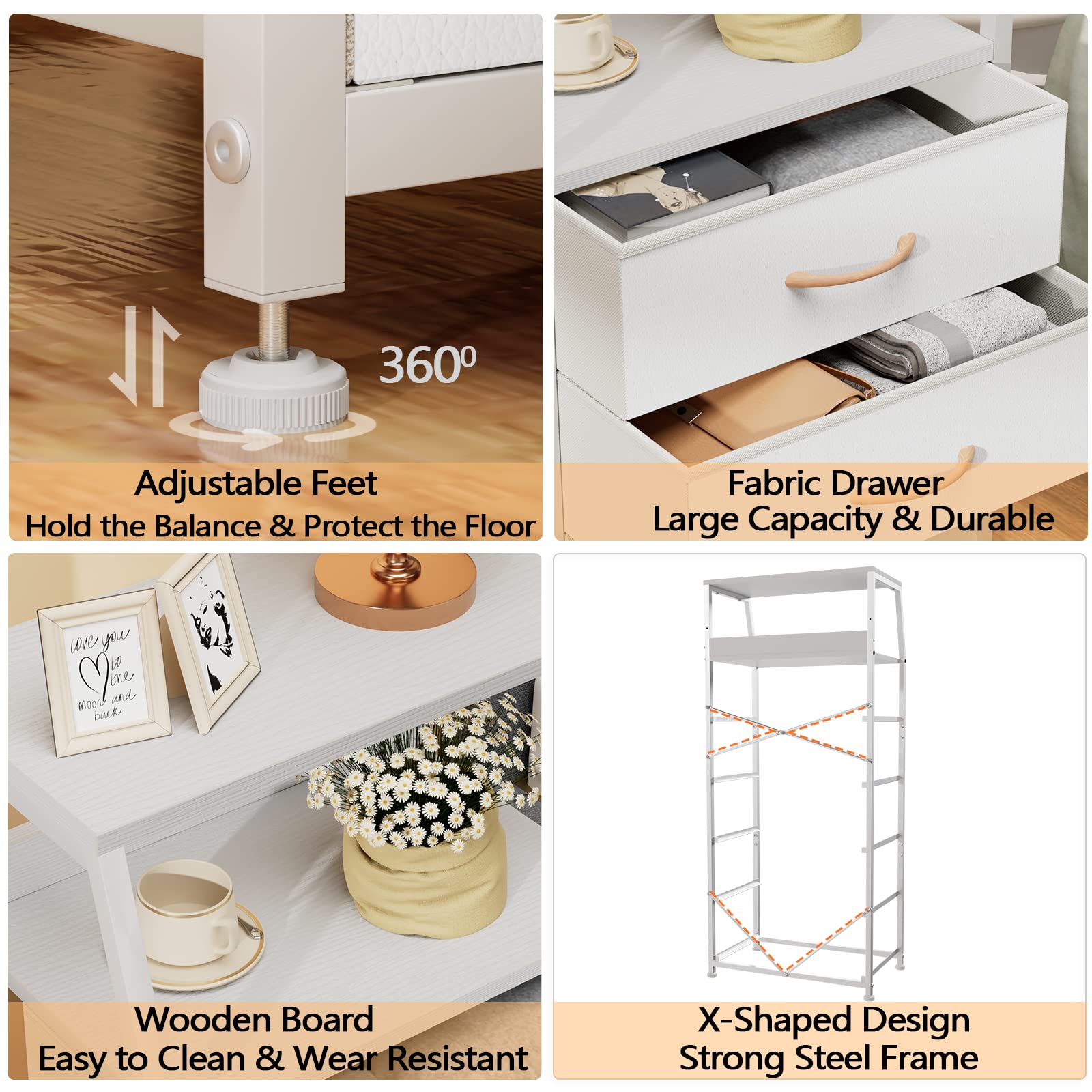 Furnulem white dresser features a sturdy metal frame for reliable daily use.