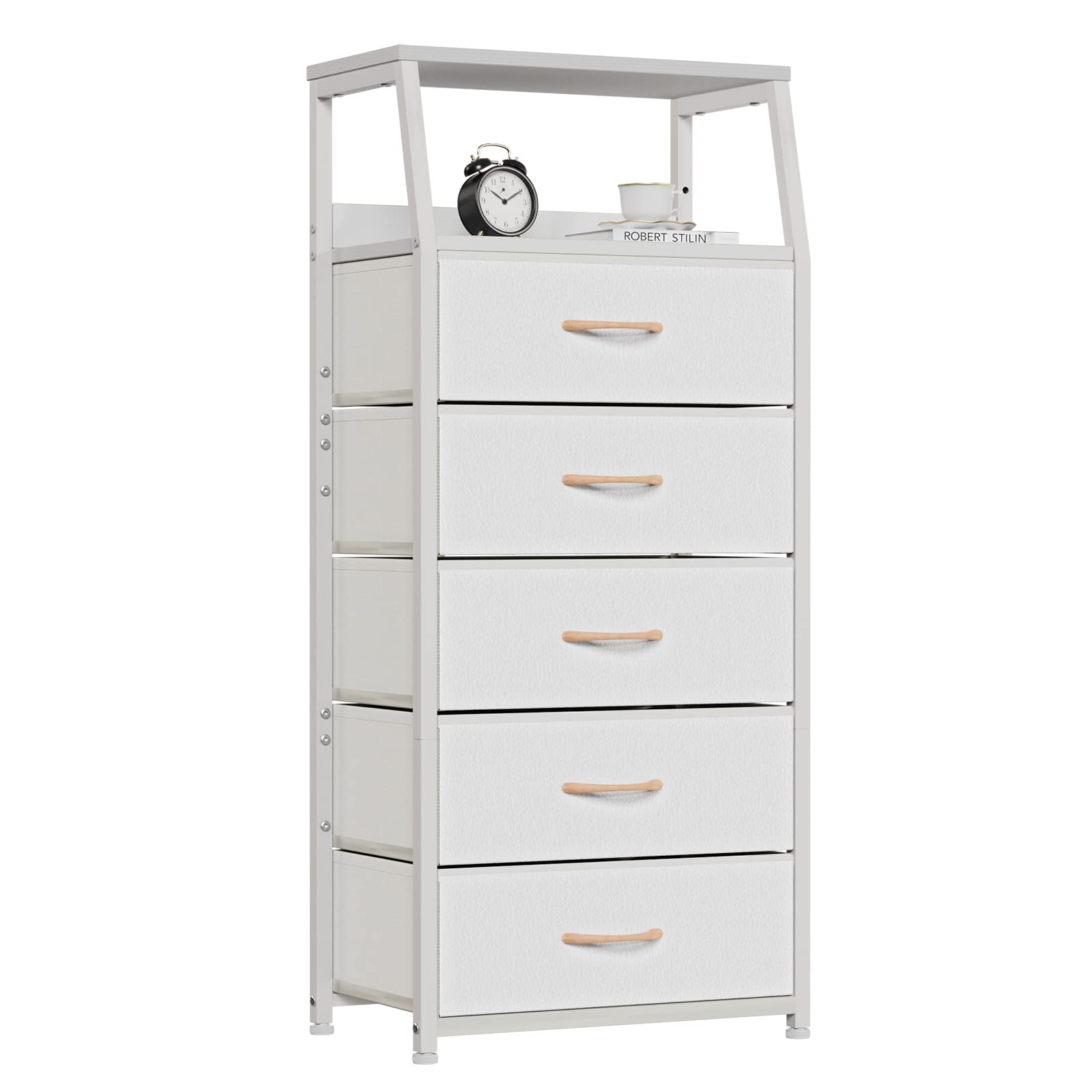 Furnulem white dresser with wood top provides a durable display surface for decor.
