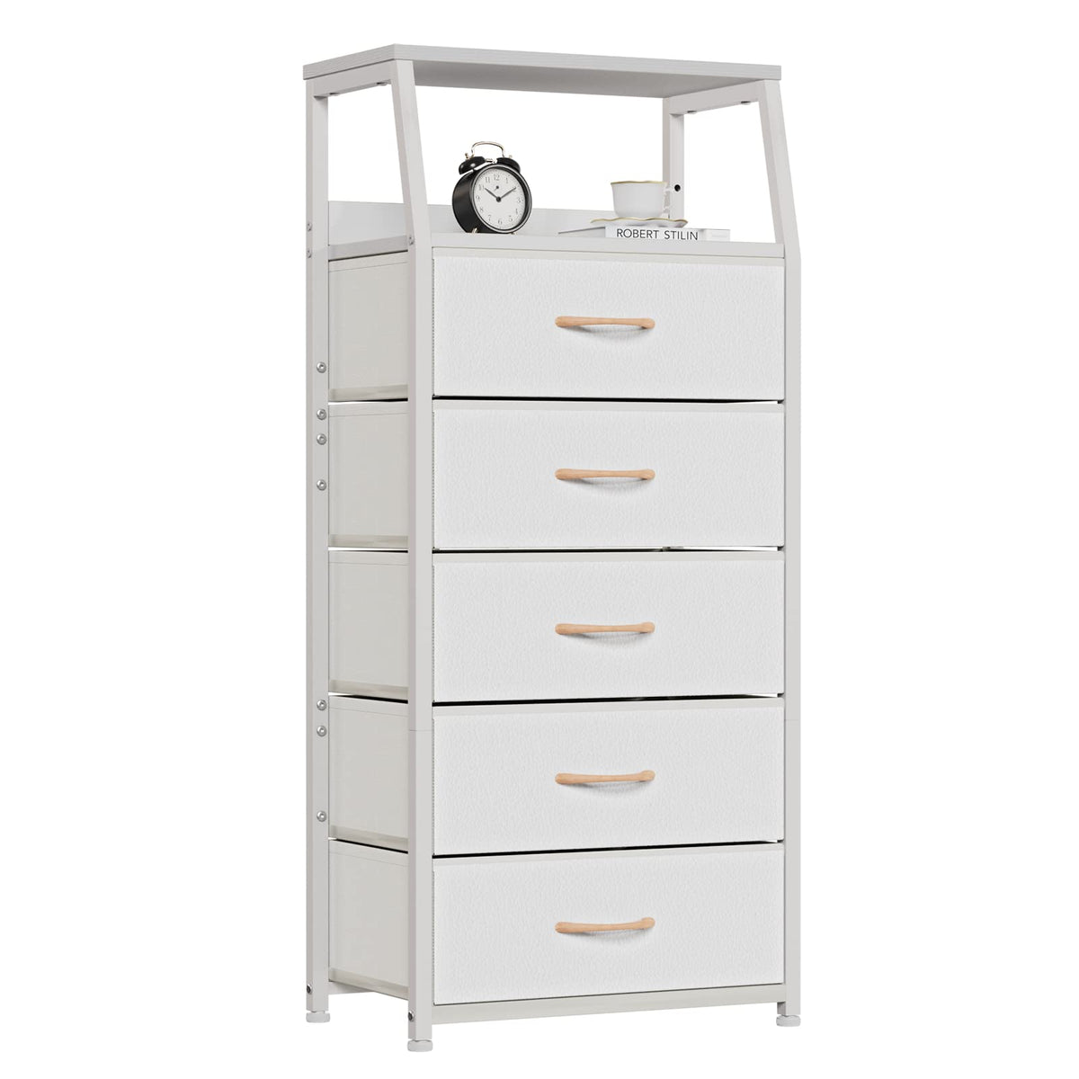 Furnulem white dresser with wood top provides a durable display surface for decor.