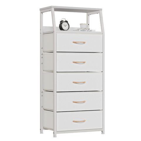 Furnulem white dresser with wood top provides a durable display surface for decor.