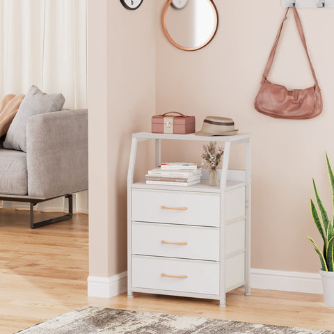 Furnulem White Nightstand with 3 fabric drawers for organized storage