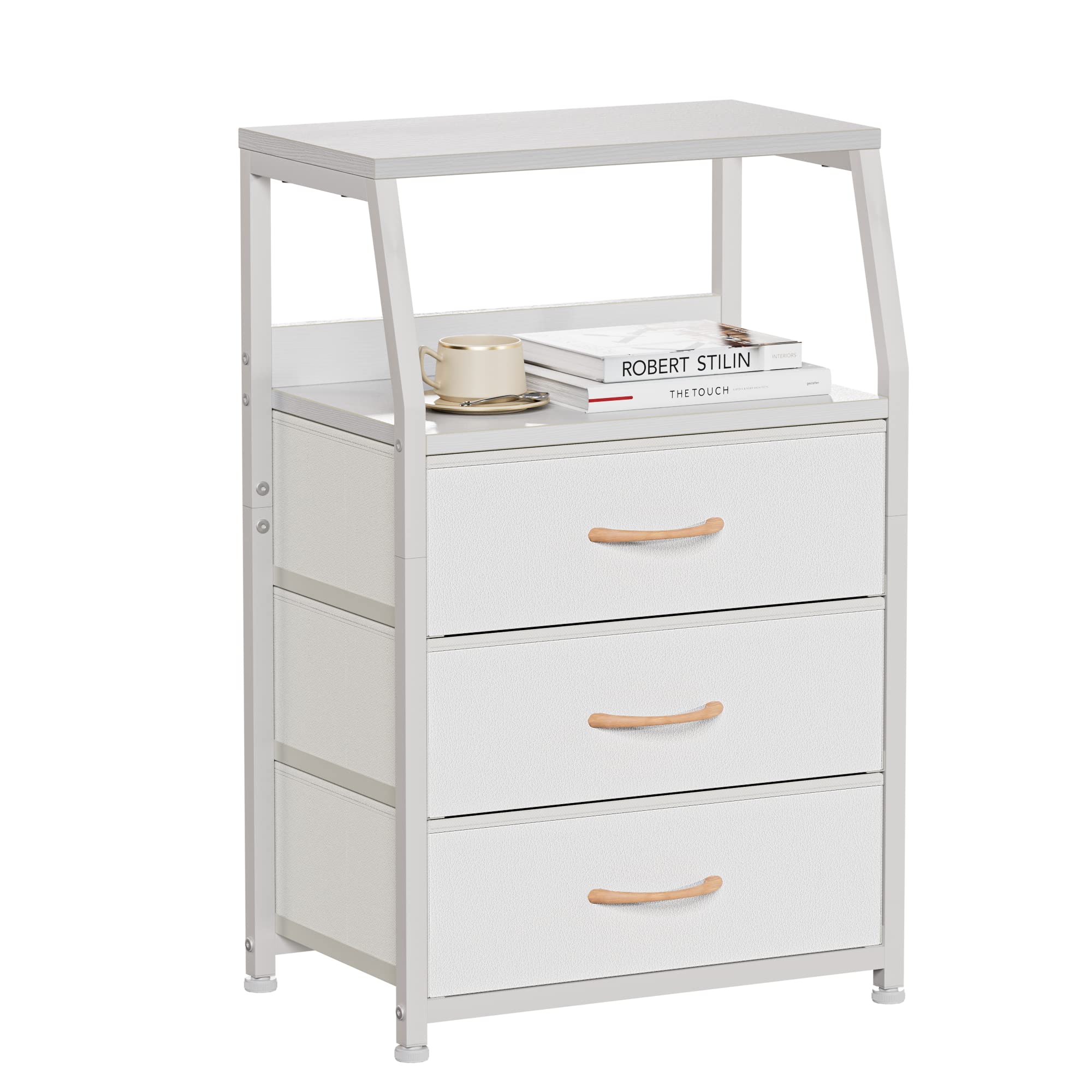 Furnulem White Nightstand with wood top provides a durable bedside surface