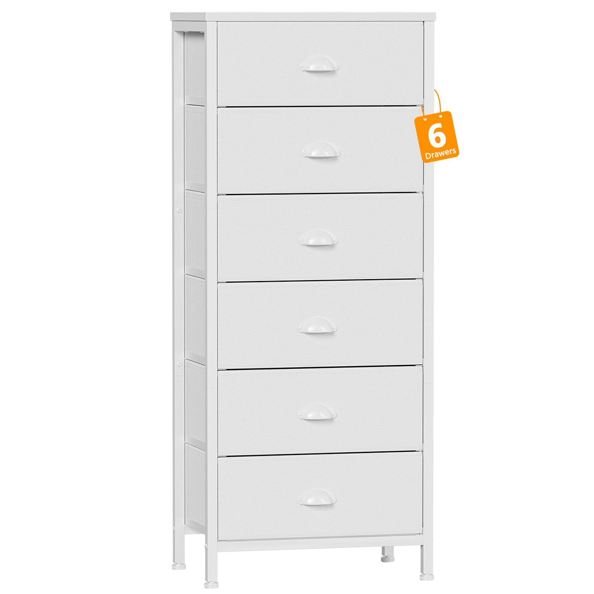 Furnulem white tall dresser bedside setup showing six fabric drawers for organized nightstand storage.