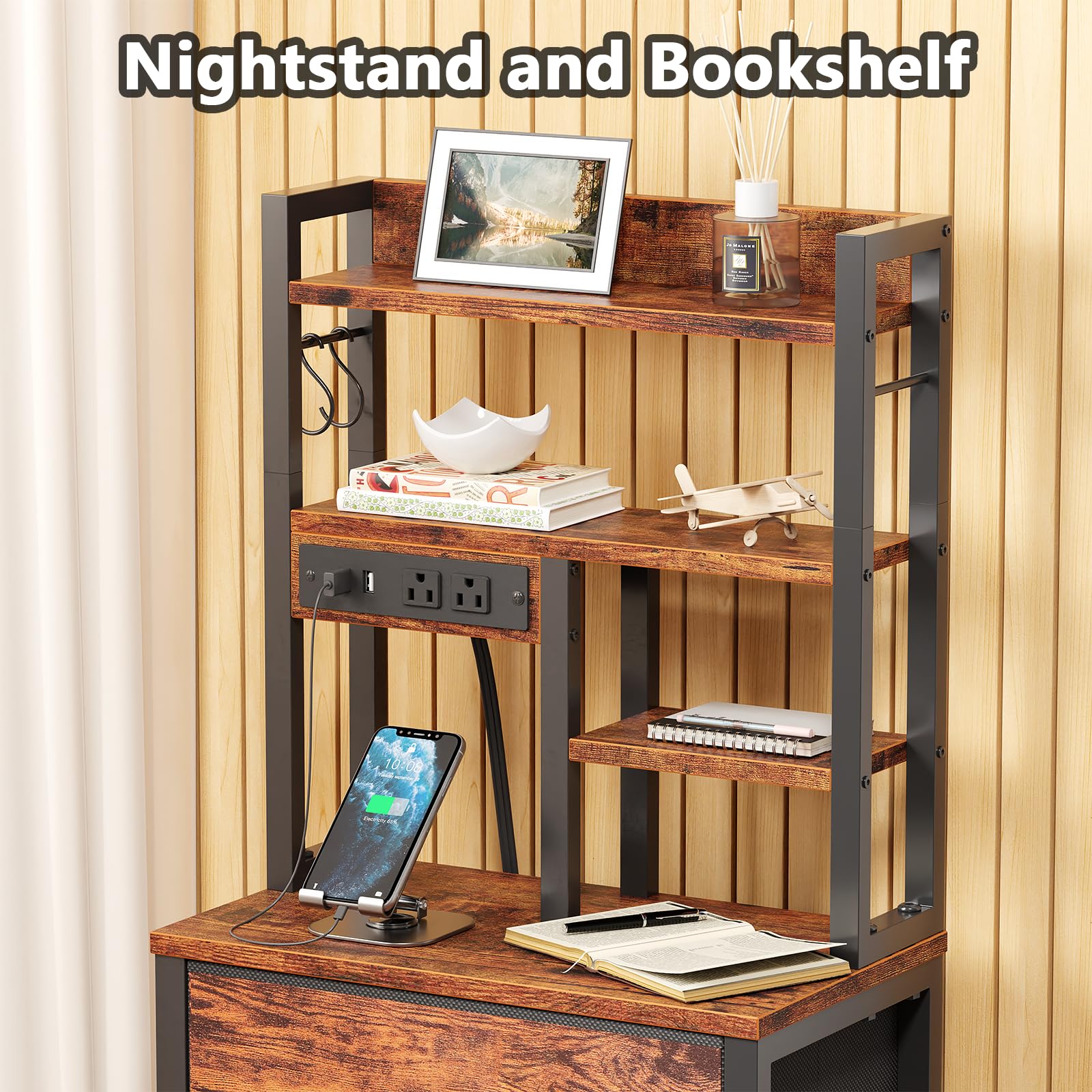 Furnulem night stand charging station keeps devices charged and cables tidy.