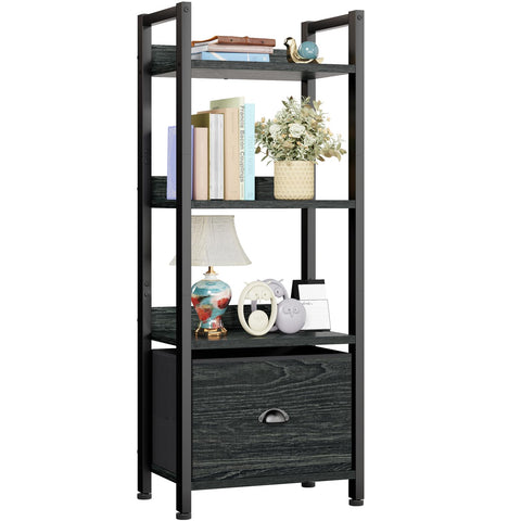 Furologee 4-tier bookshelf with drawer, black finish, front view highlighting compact storage