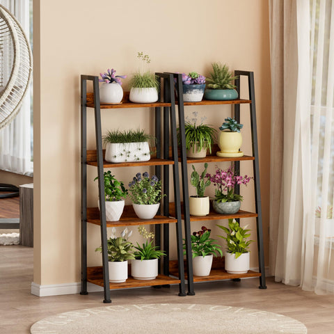Furologee ladder shelf versatile use for books and plants in a modern living room.