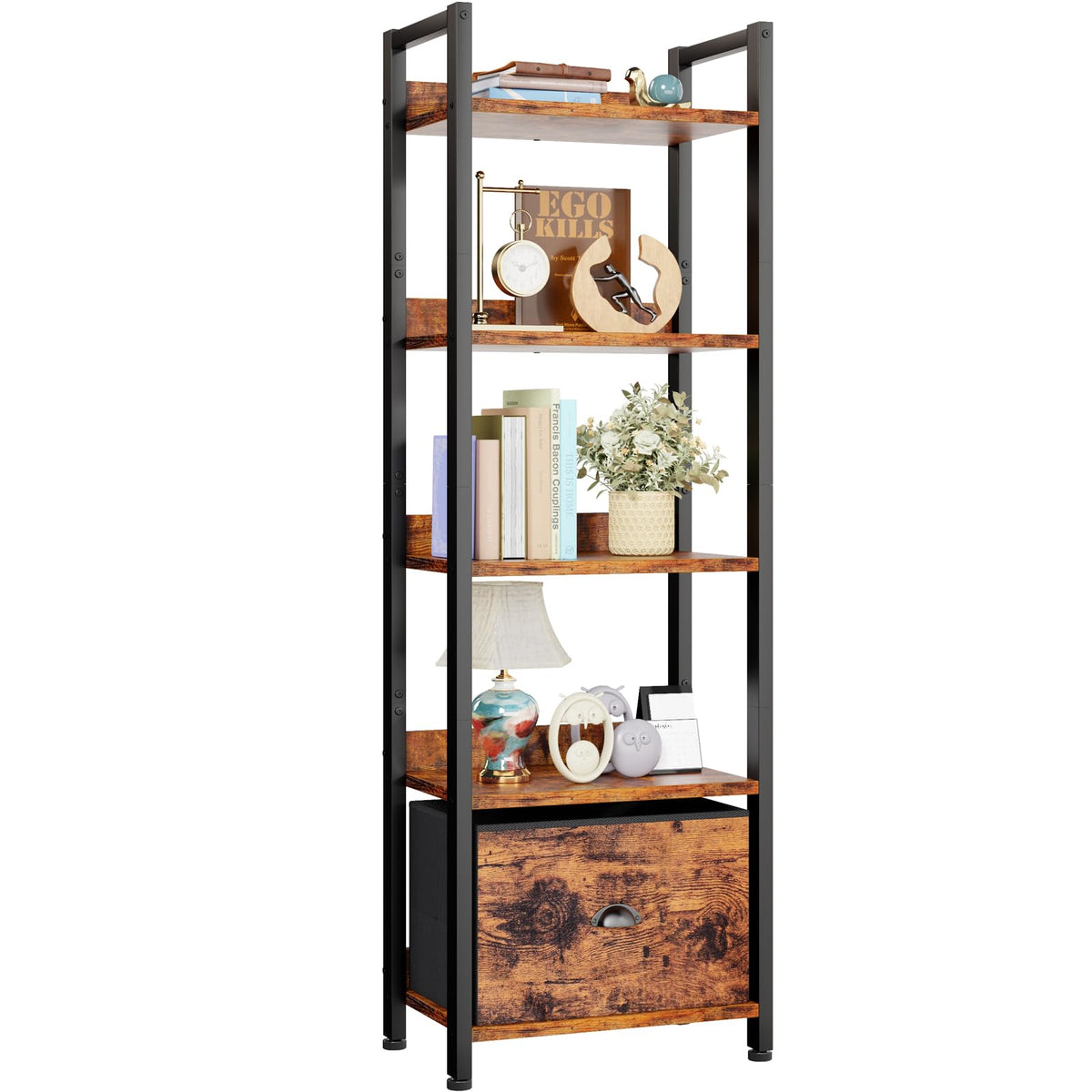Furologee 5-tier bookcase with drawer offers compact storage for living rooms and decor organization.