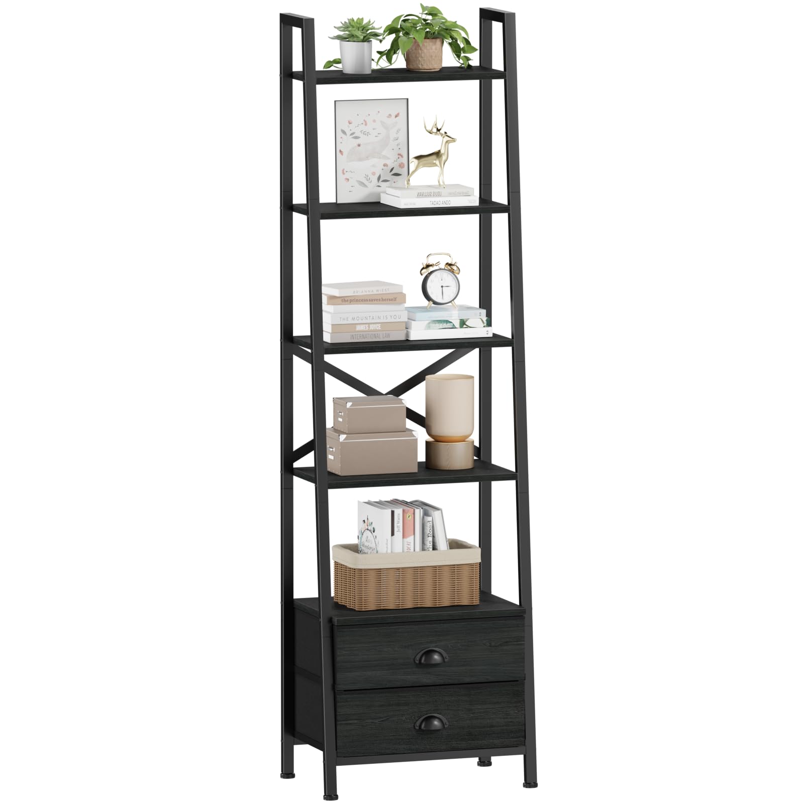 Furologee 5-tier ladder shelf with 2 drawers for organized storage.