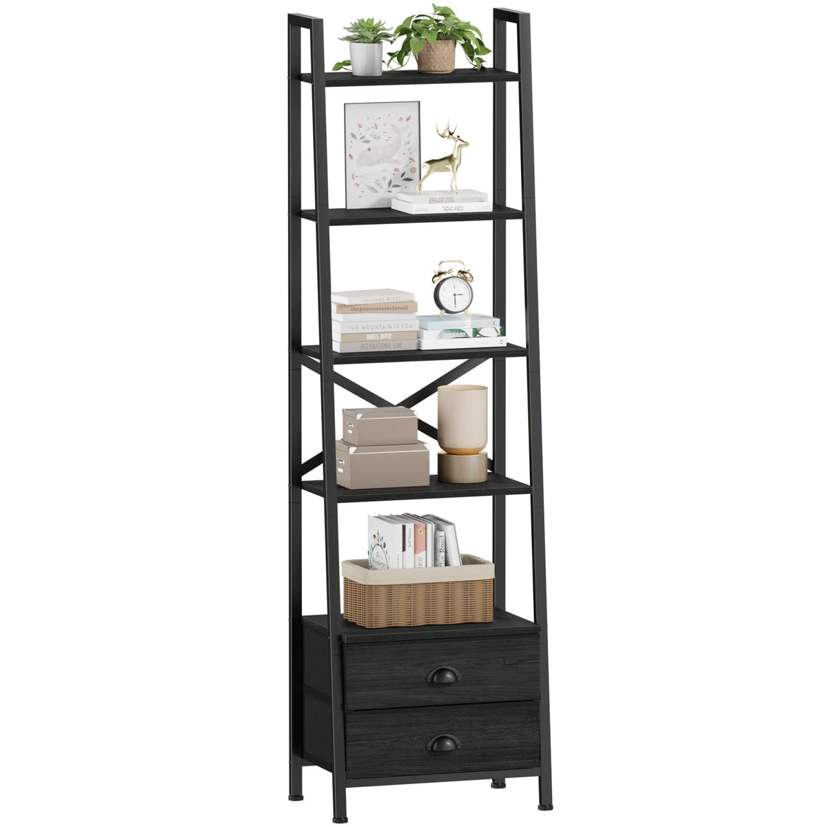 Furologee 5-tier ladder shelf with 2 drawers for organized storage.