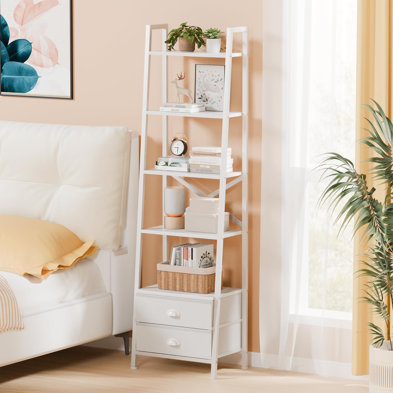 Furologee white ladder shelf fits elegantly in a bedroom.