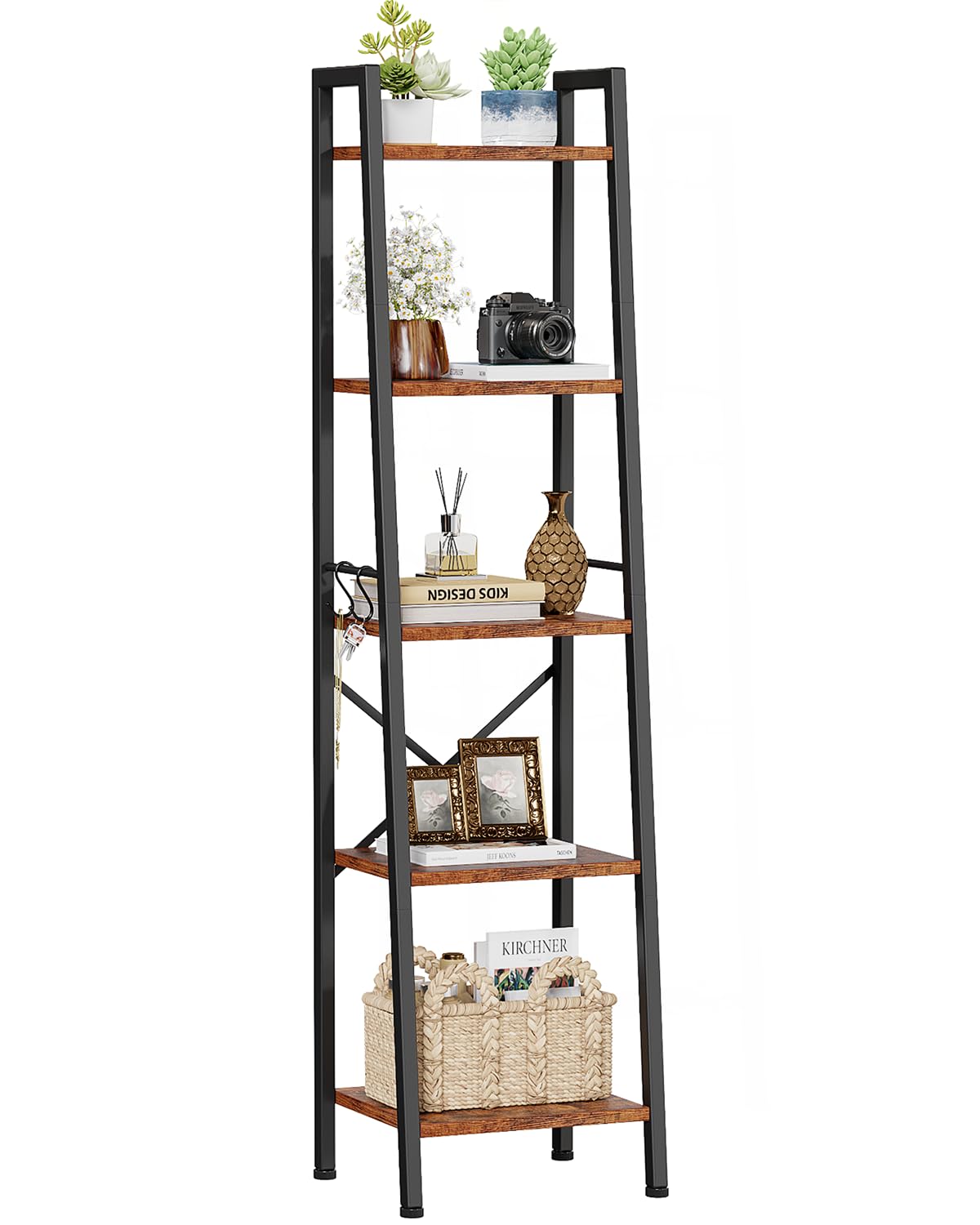 Furologee 5 Tier Ladder Shelf Bookcase front view shows slim corner storage for towels and decor