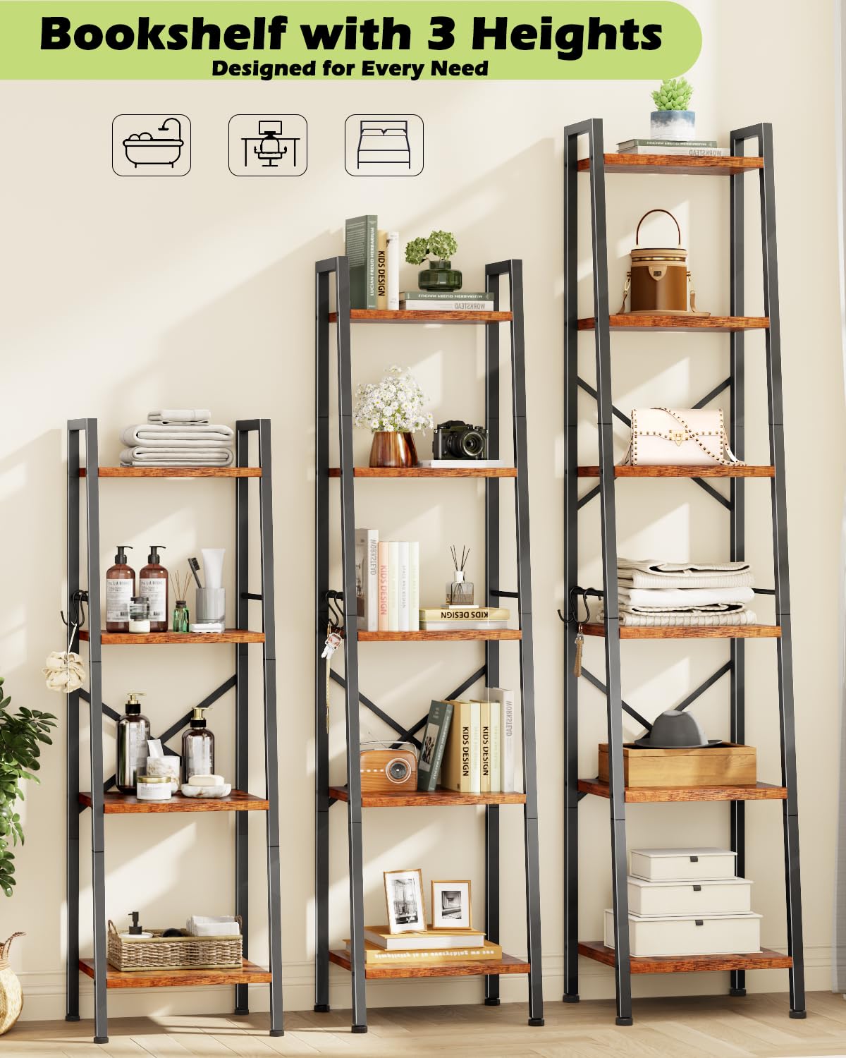 Furologee 5 Tier Ladder Shelf Bookcase hooks closeup demonstrates added storage options