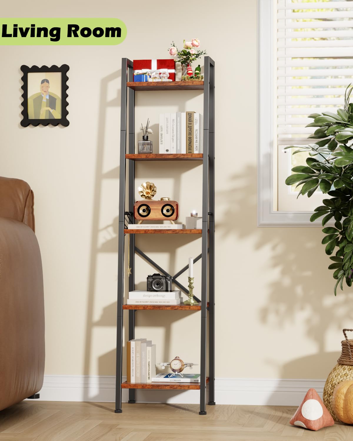 Furologee 5 Tier Ladder Shelf Bookcase in room setup for versatile display