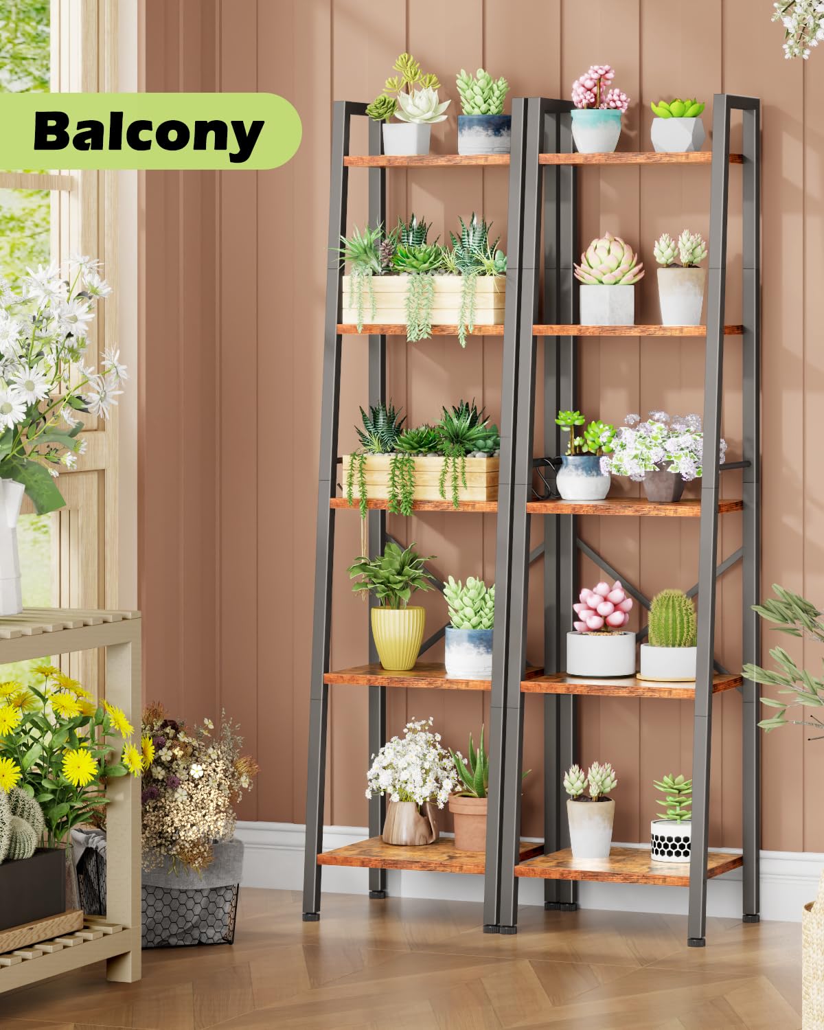 Furologee 5 Tier Ladder Shelf Bookcase side view highlights vertical space utilization