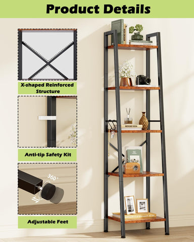 Furologee 5 Tier Ladder Shelf Bookcase tall narrow silhouette fits tight corners
