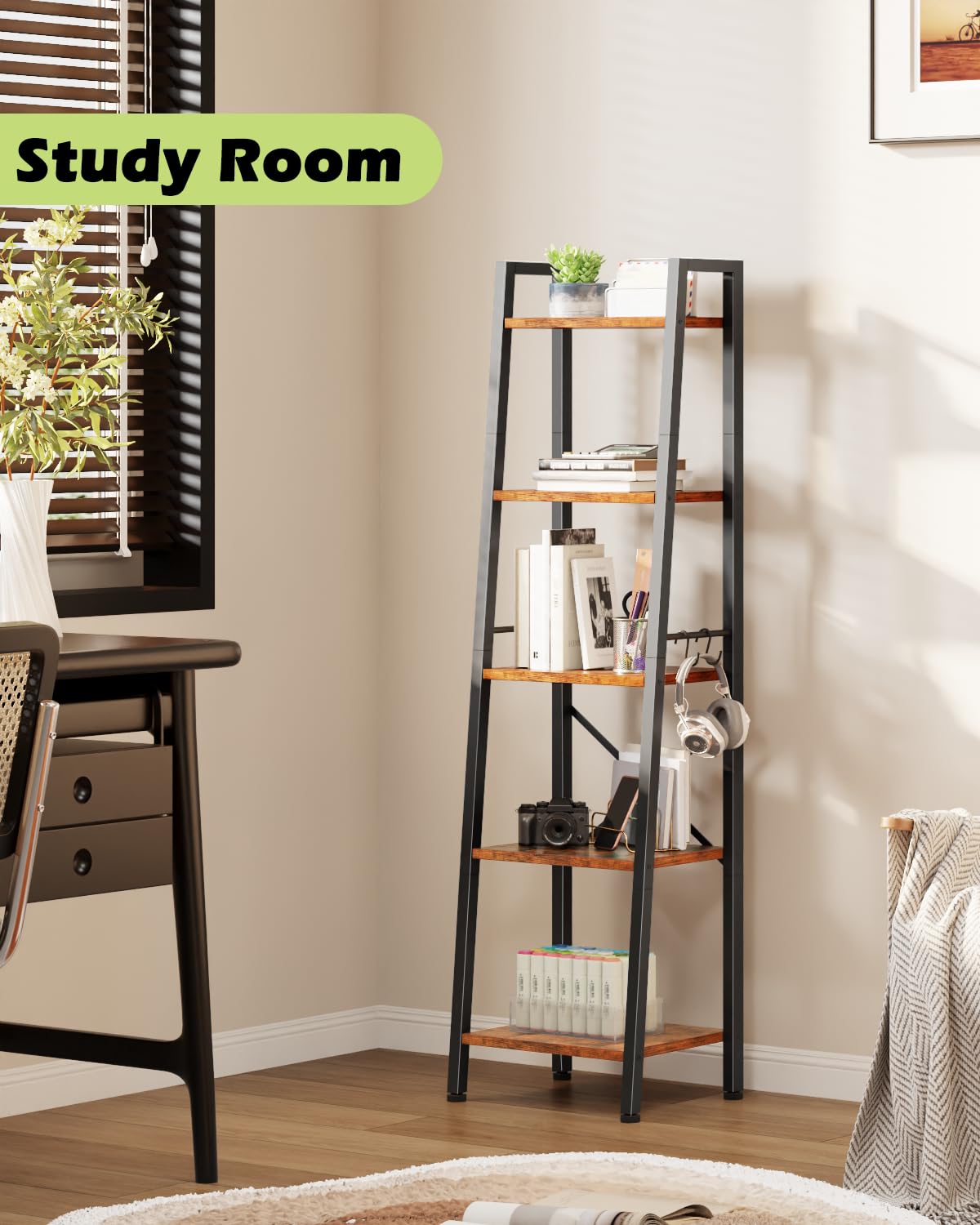 Furologee 5 Tier Ladder Shelf Bookcase wood and metal contrast under antique-industrial charm