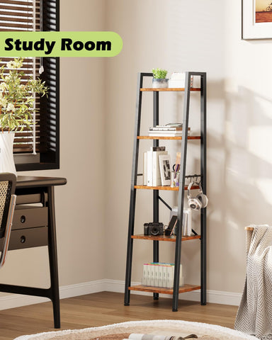 Furologee 5 Tier Ladder Shelf Bookcase wood and metal contrast under antique-industrial charm