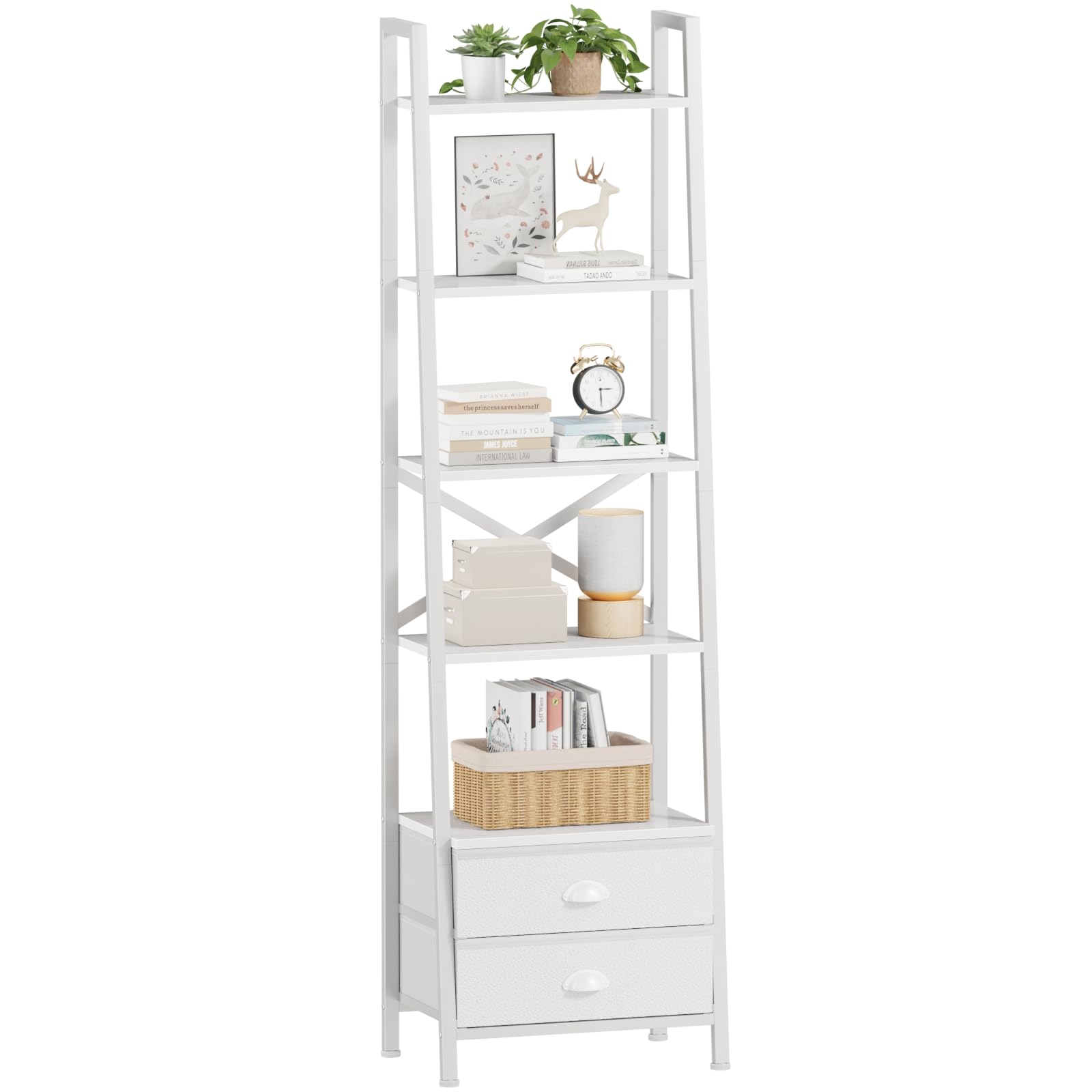 Furologee 5-tier ladder shelf front view with two drawers for organized storage.