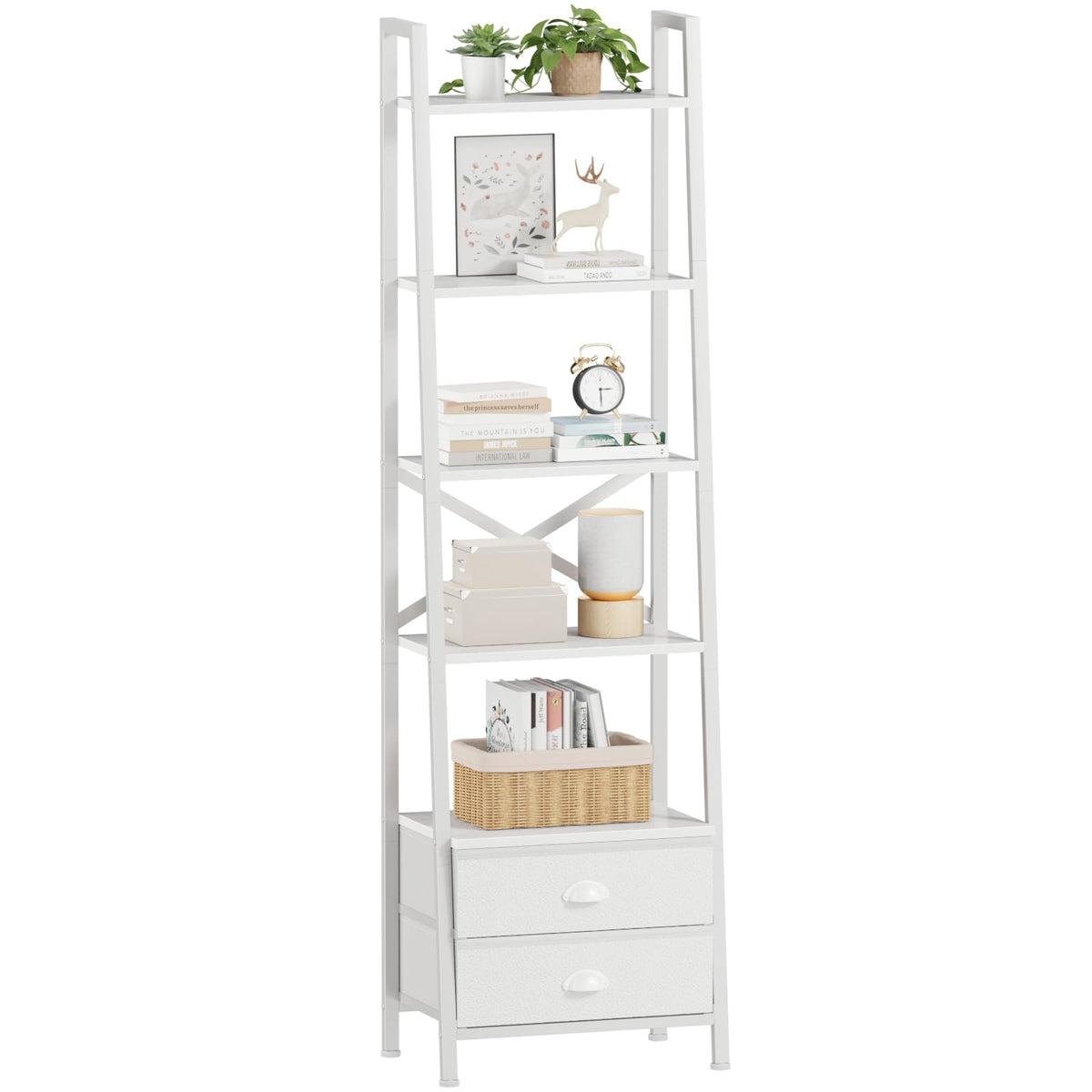 Furologee 5-tier ladder shelf front view with two drawers for organized storage.