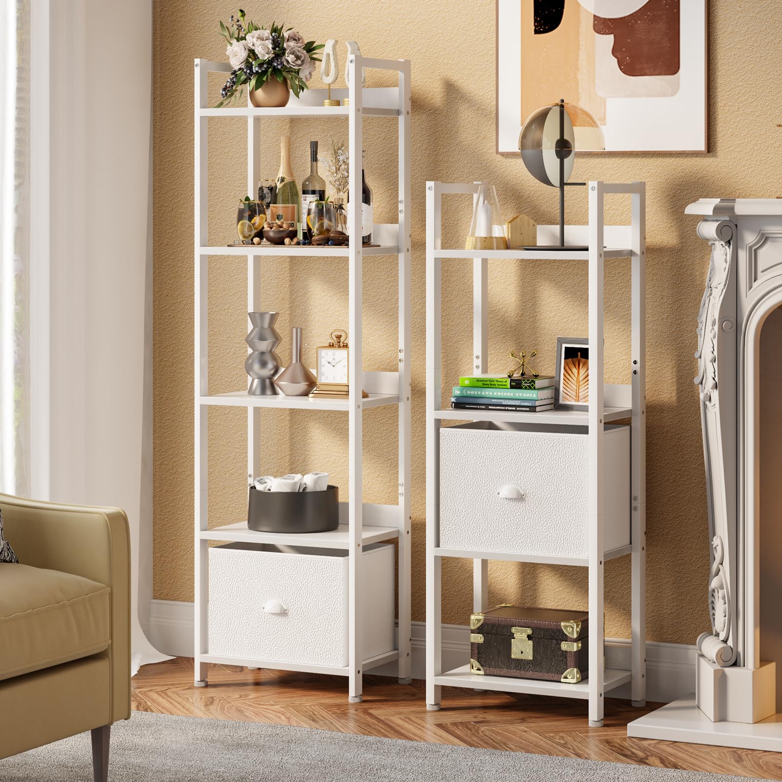 Furologee white bookshelf in bedroom scene demonstrates calm, clutter-free storage