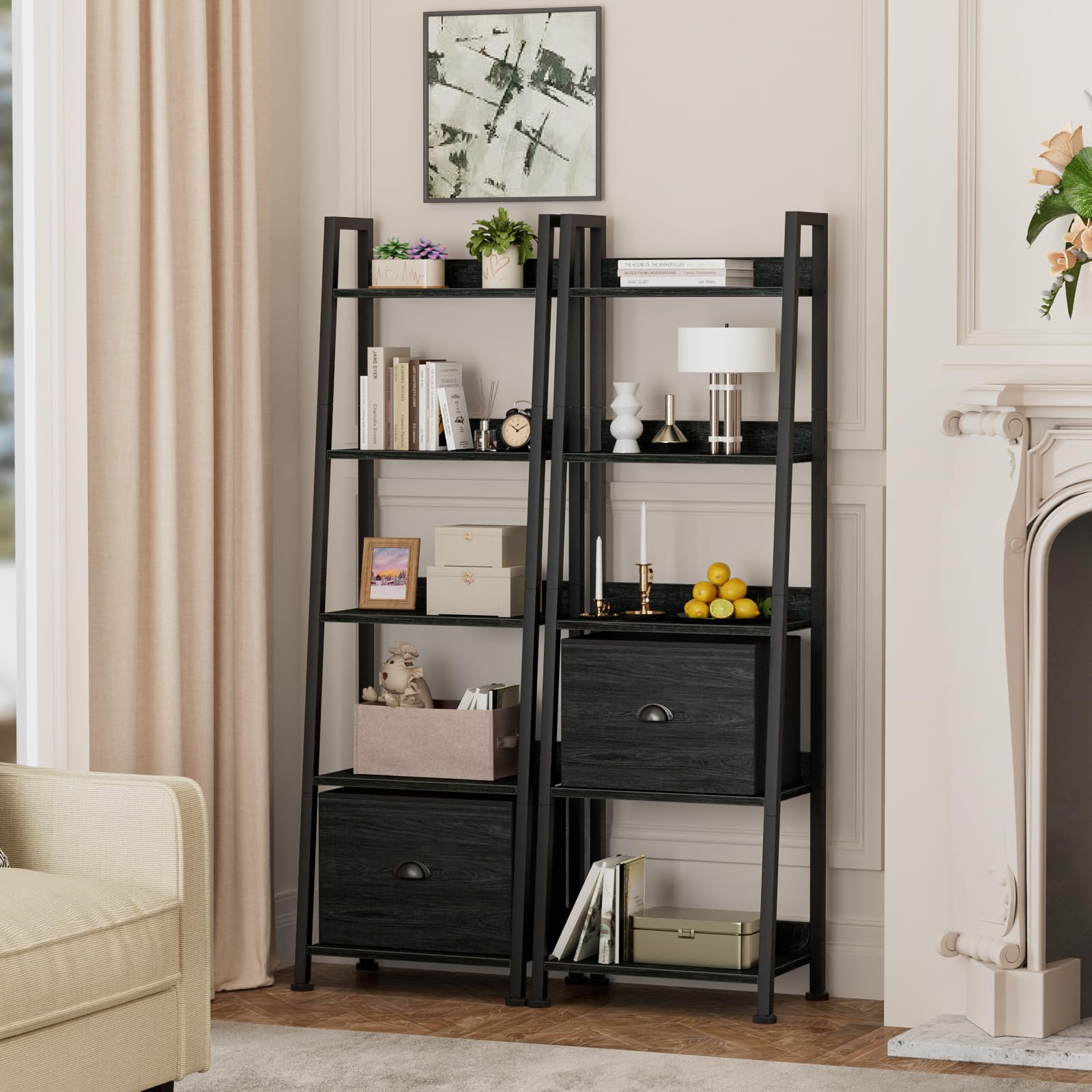 Furologee ladder shelf used as plant stand for greenery accents.