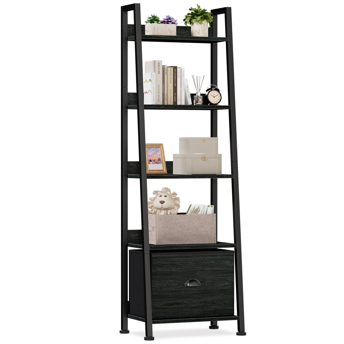 Furologee 5-Tier Ladder Shelf in black oak with a slim, space-saving profile.
