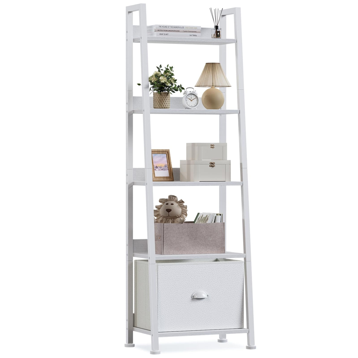 Furologee 5-Tier White Ladder Shelf front view with sturdy frame for living rooms