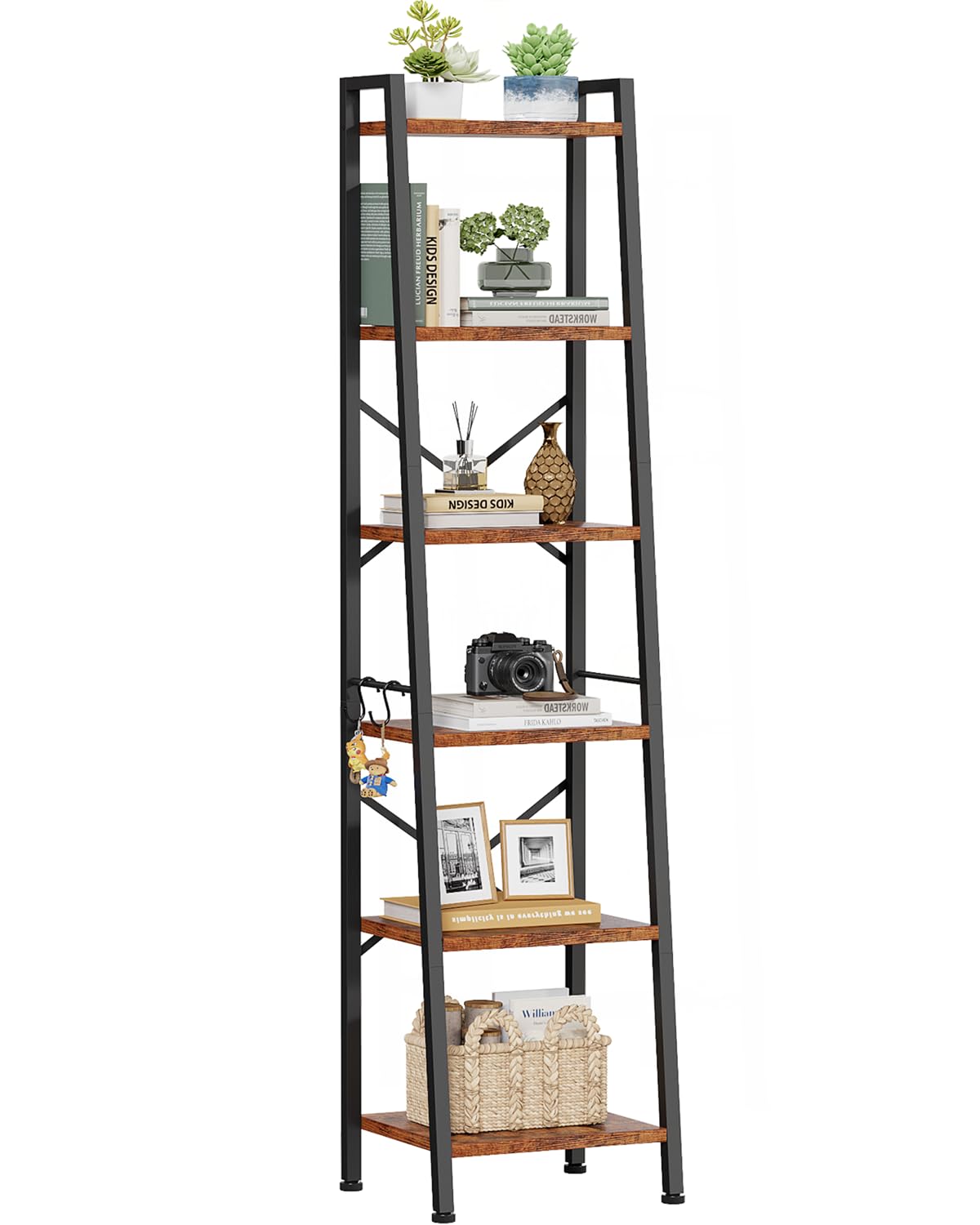Furologee 6 Tier Ladder Shelf front view highlights rustic wood and black metal for space-saving storage